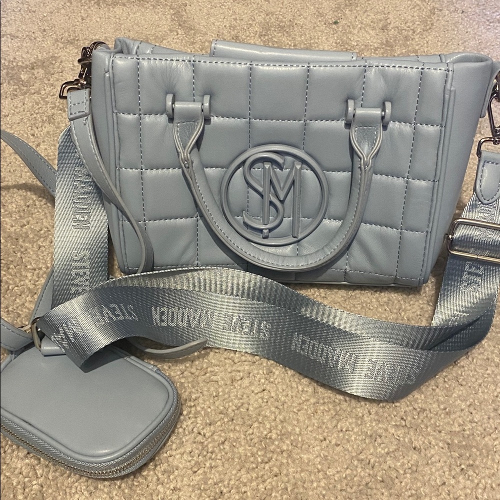 Sky Blue Quilted Crossbody Bag with Branded Strap